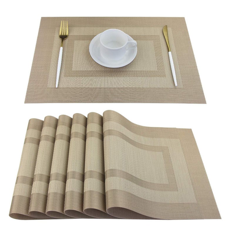 PIGCHCY Placemats Set of 6,Washable Woven Vinyl Kitchen Table Mats Non Slip Placemats,Heat Resistant Durable Placemats for Dining Table (Beige) - Image 1
